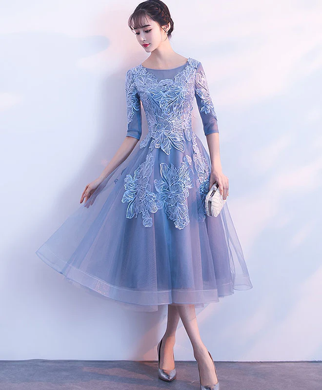 Blue Round Neck Tulle Lace Short Prom Dress, Blue Homecoming Dress - Deanwangkt