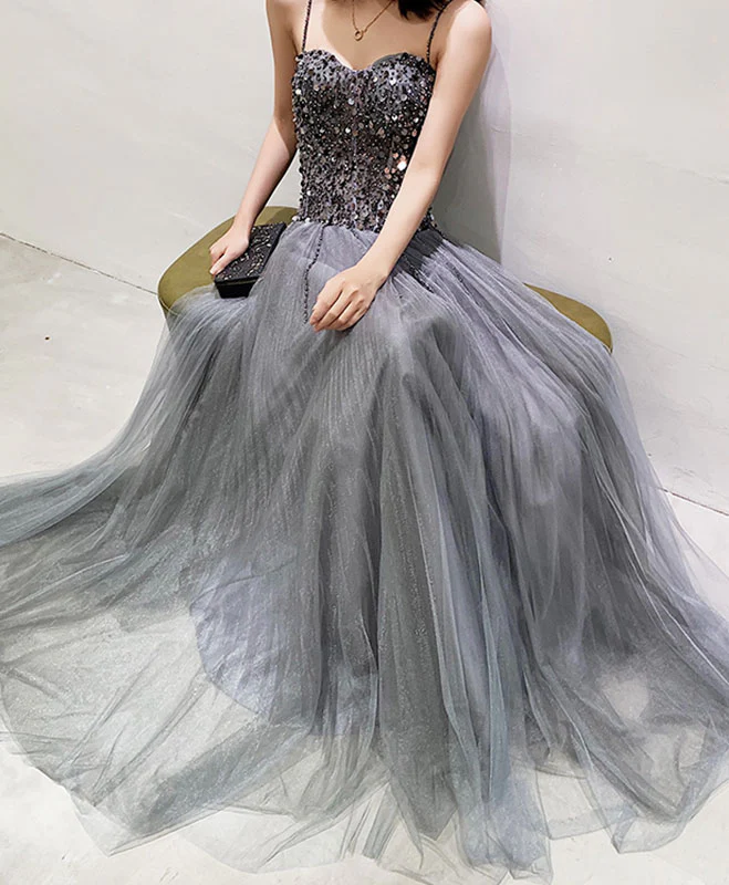 Gray Tulle Sequin Long Prom Dress Gray Tulle Formal Dress - Deanwangkt