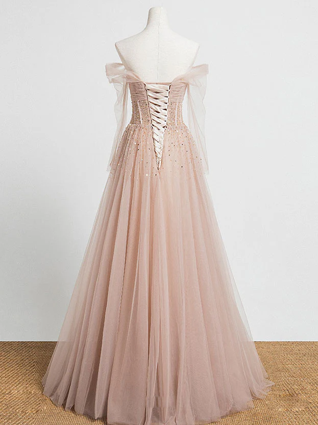 Champagne Pink Tulle Beads Long Prom Dress Champagne Evening Dress - Deanwangkt