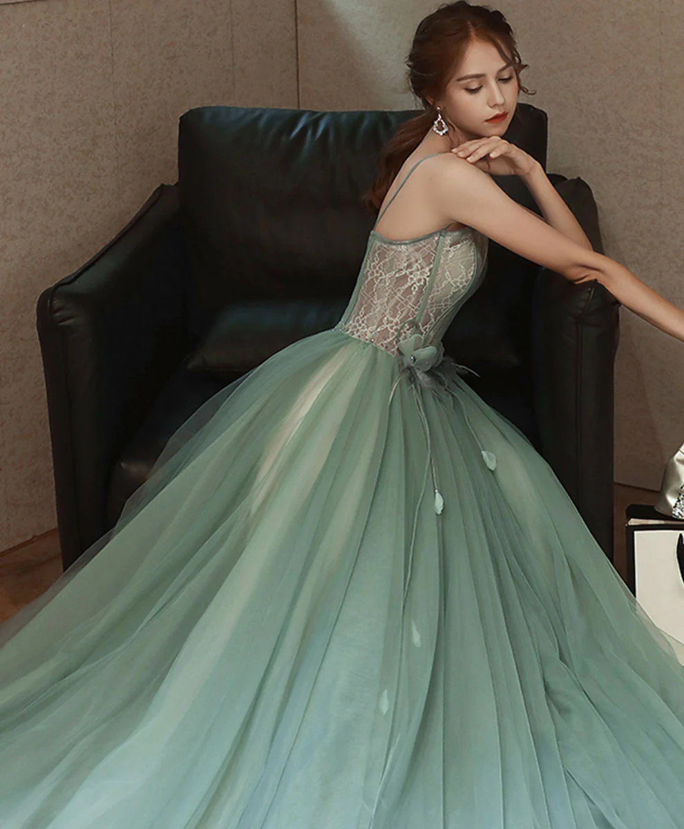 Green Tulle Lace Long Prom Dress Green Lace Tulle Formal Dress - Deanwangkt