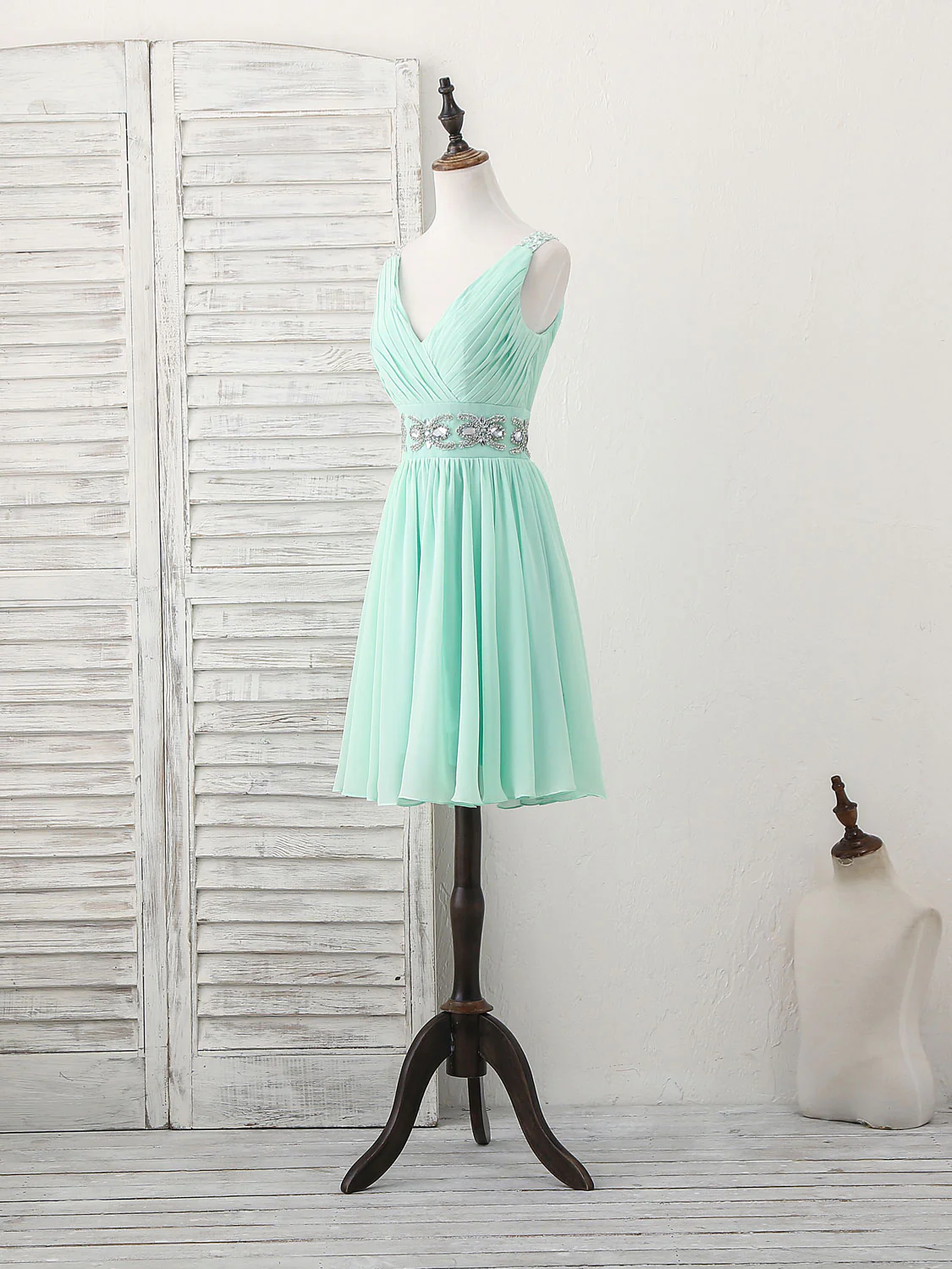 Green V Neck Chiffon Short Prom Dress, Green Homecoming Dress - Deanwangkt