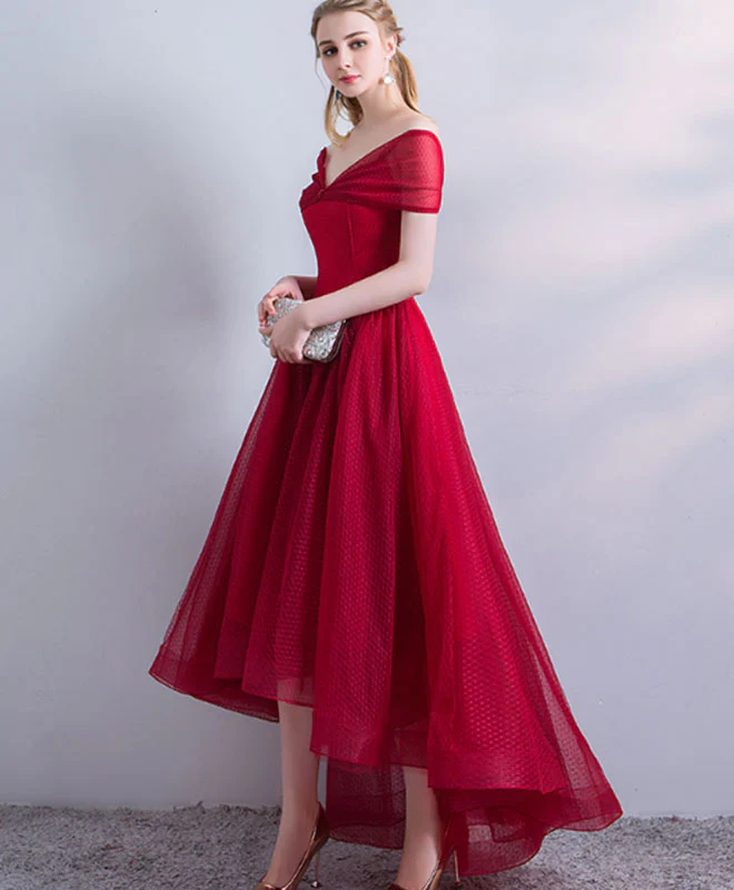 A Line V Neck High Low Burgundy Prom Dress, Burgundy Homecoming Dress - Deanwangkt