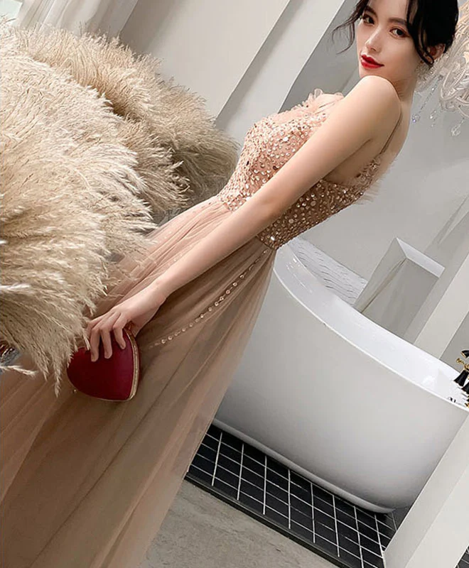 Champagne Sweetheart Tulle Beads Long Prom Dress Tulle Formal Dress - Deanwangkt