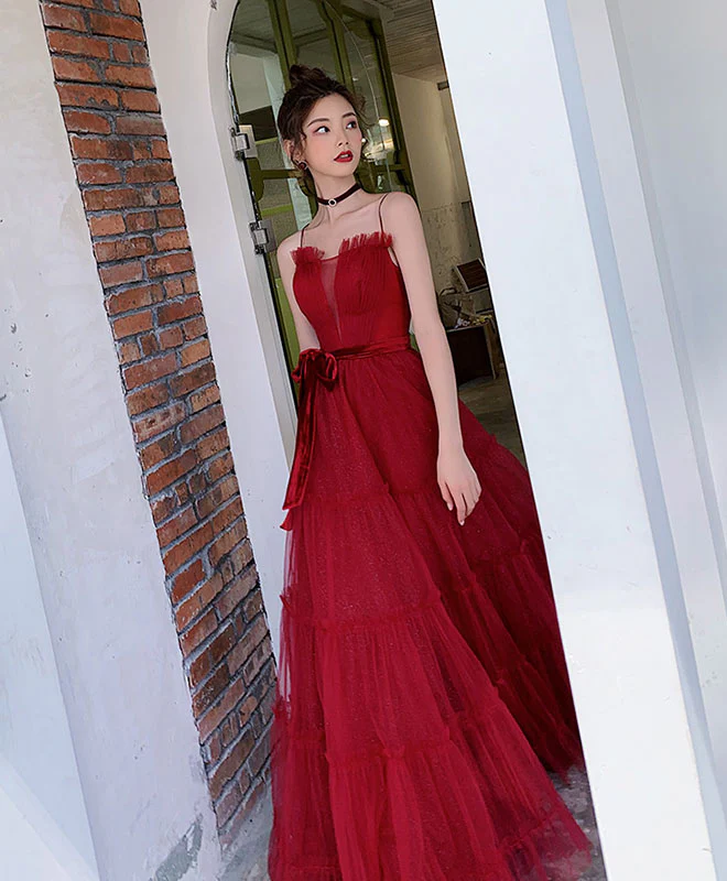 Burgundy A-Line Tulle Long Prom Dress Burgundy Tulle Formal Dress - Deanwangkt