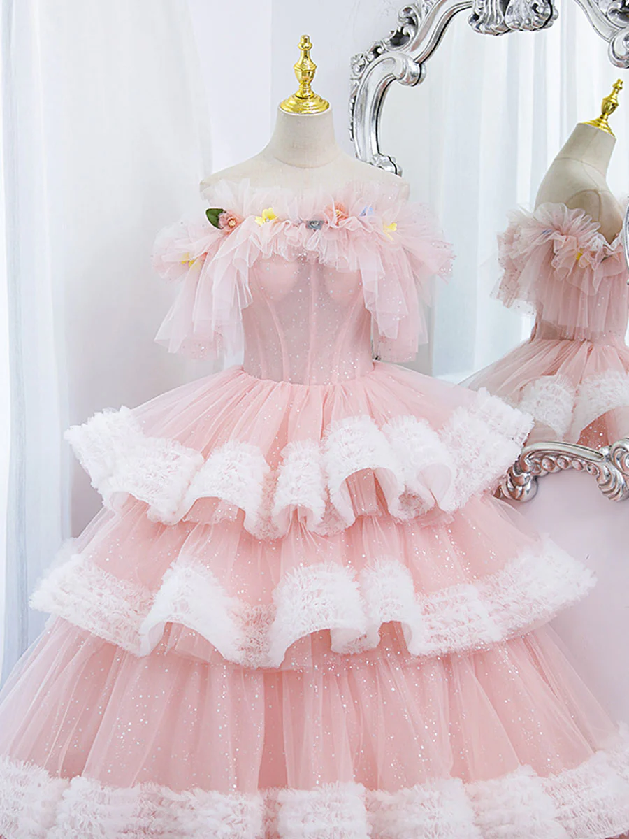 Off Shoulder Pink Long Prom Dresses, Ball Gown Pink Sweet 16 Dresses - Deanwangkt
