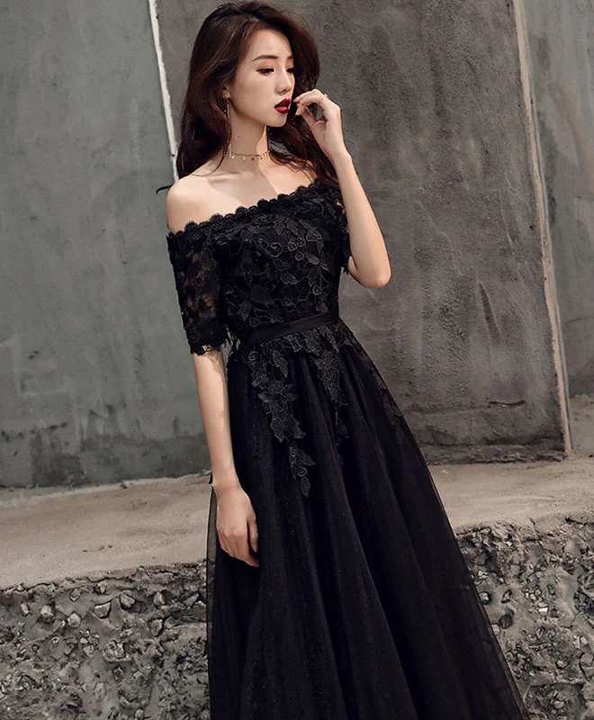 Black Tulle Lace Long Prom Dress, Black Tulle Evening Dress - Deanwangkt