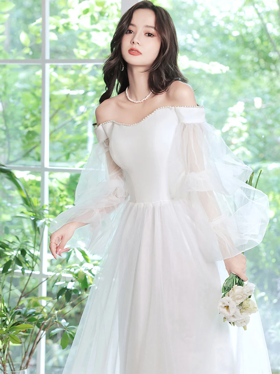 Simple White Tulle Long Prom Dress, White Formal Dresses - Deanwangkt