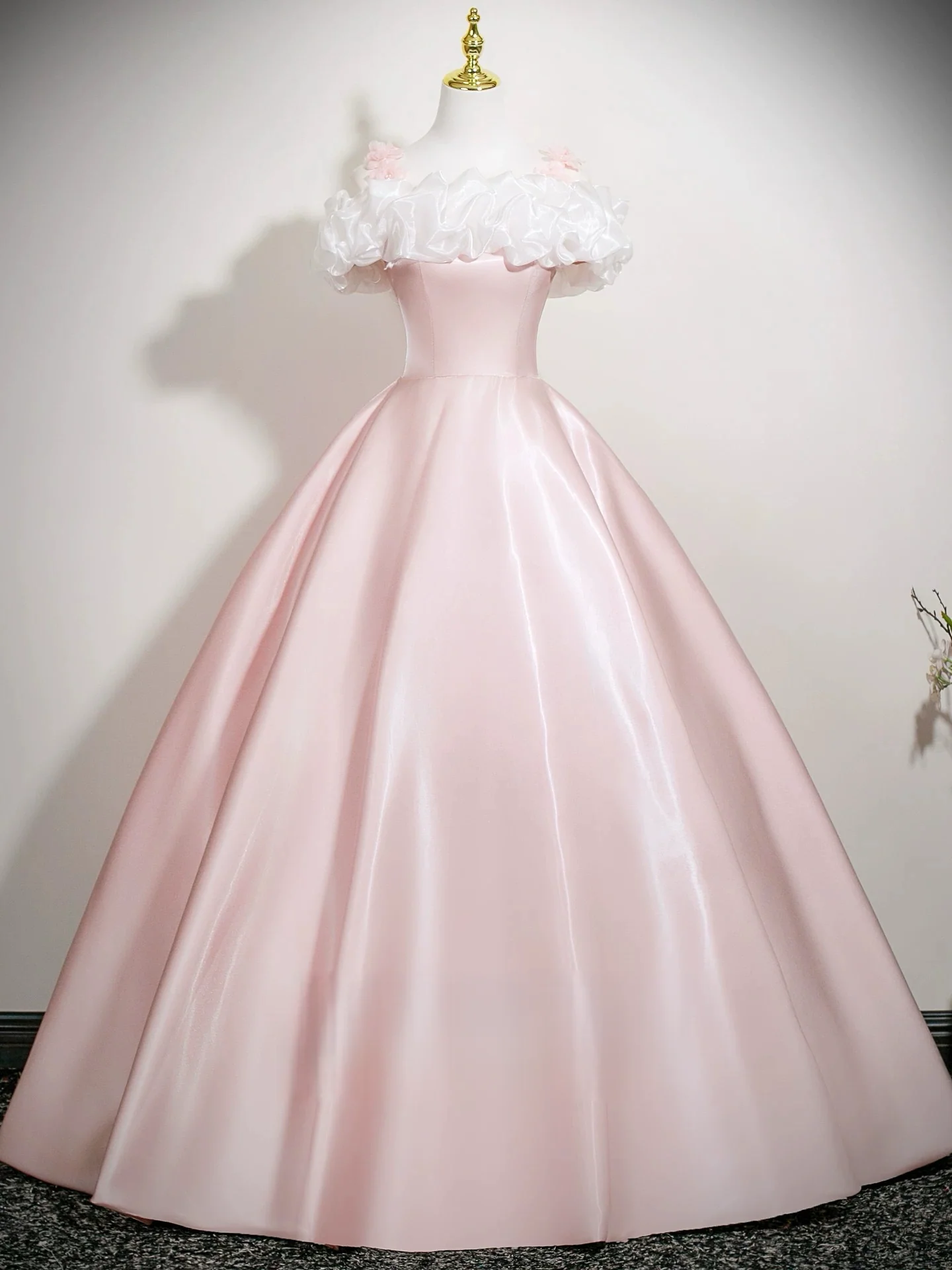 A-Line Off Shoulder Satin Pink Long Prom Dress, Pink Long Formal Dress - Deanwangkt