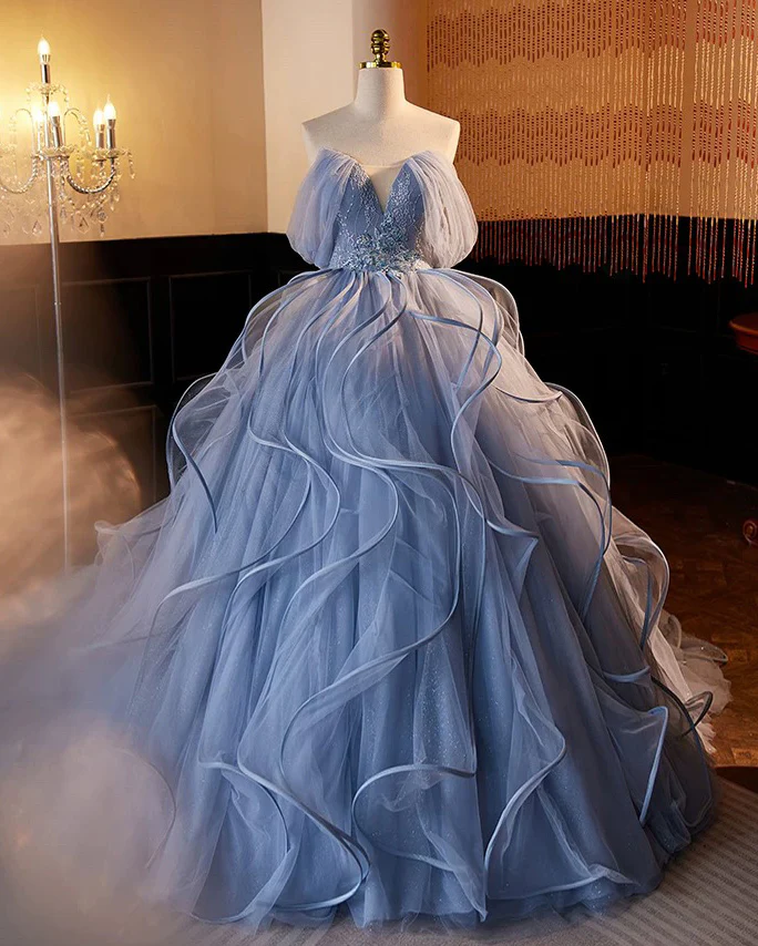 A-Line V Neck Tulle Lace Gray Blue Long Prom Dress, Blue Long Sweet 16 Dress - Deanwangkt