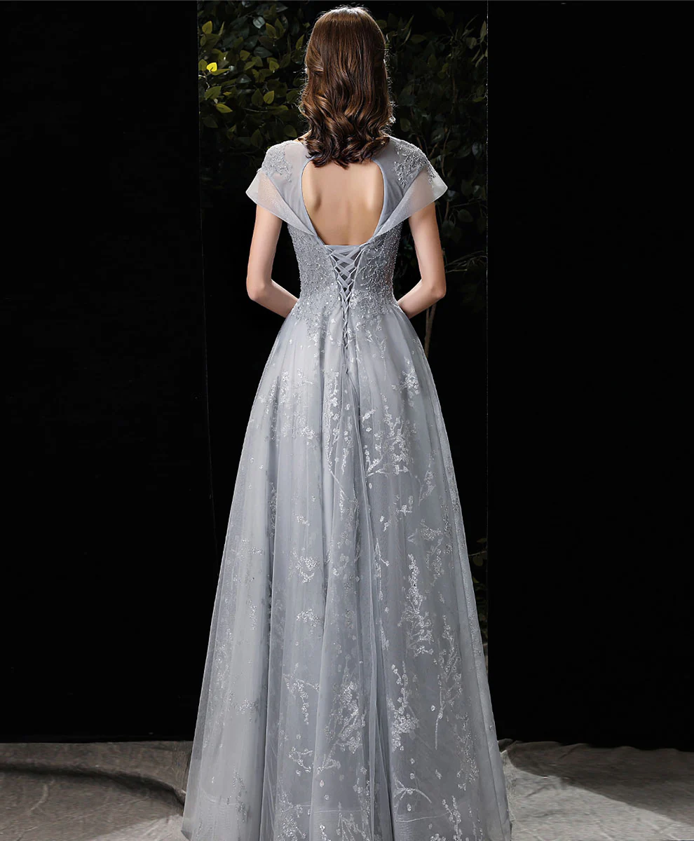 Gray Round Neck Tulle Lace Long Prom Dress Gray Tulle Formal Dress - Deanwangkt