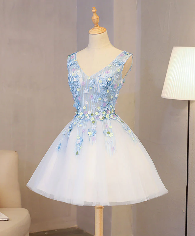 Cute Blue Lace Applique Short Prom Dress, Homecoming Dress - Deanwangkt