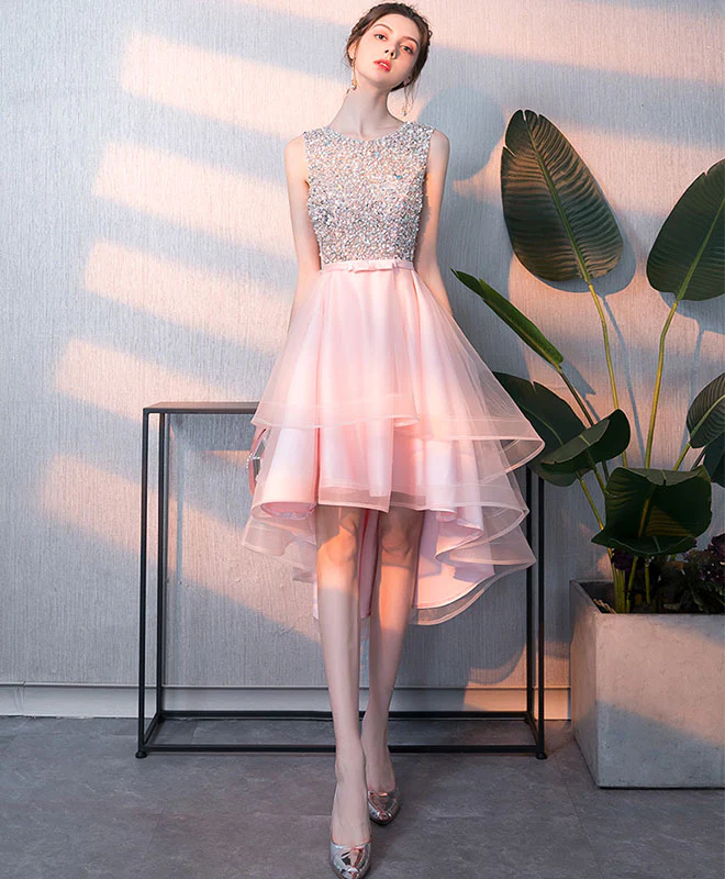 Pink Tulle Sequin Short Prom Dress, Pink Homecoming Dress - Deanwangkt