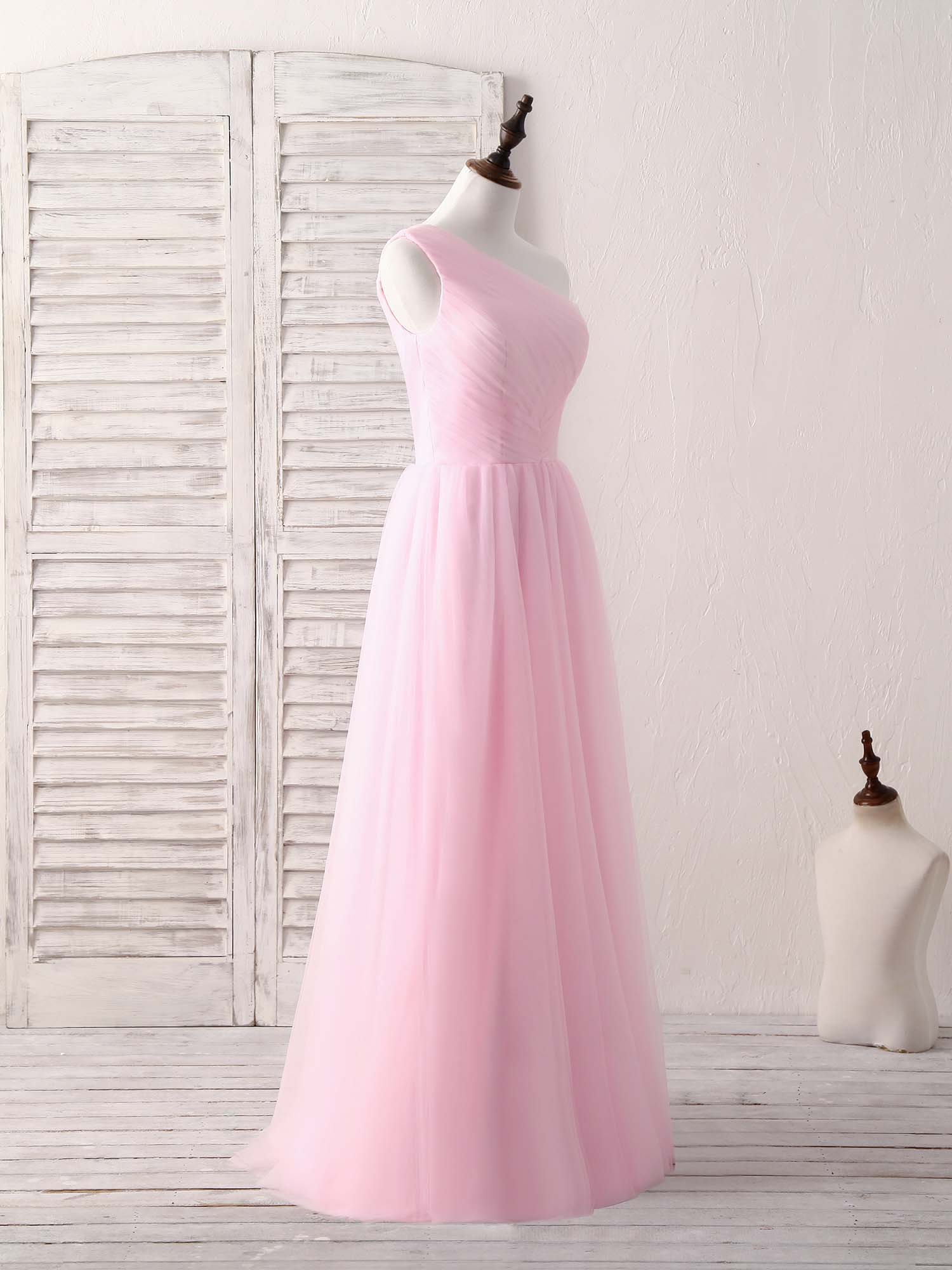 Pink Tulle One Shoulder Long Prom Dress Pink Bridesmaid Dress - Deanwangkt