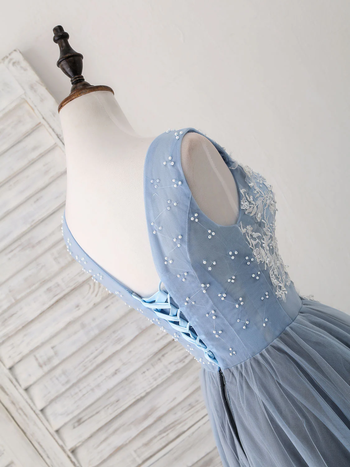 Cute Blue V Neck Tulle Lace Applique Short Prom Dress, Blue Homecoming Dress - Deanwangkt