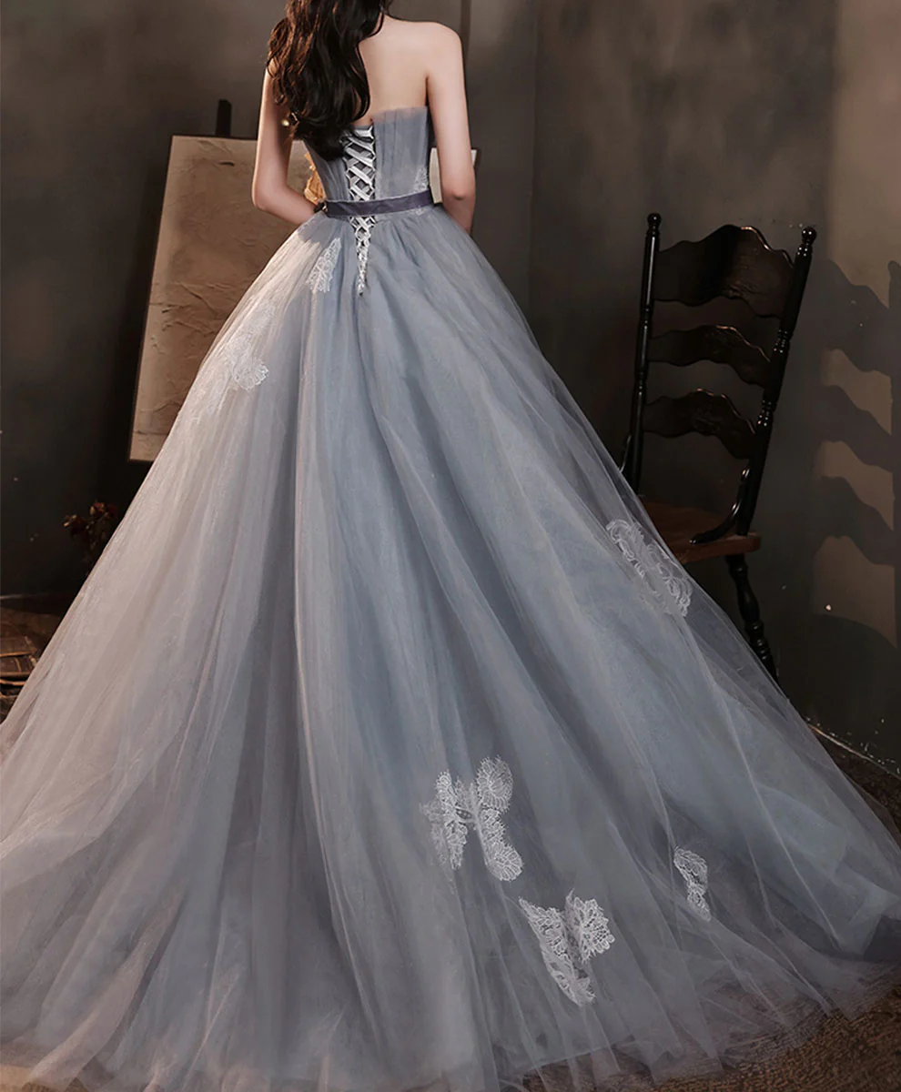 Gray Tulle Lace Long Prom Dress Gray Tulle Formal Dress - Deanwangkt