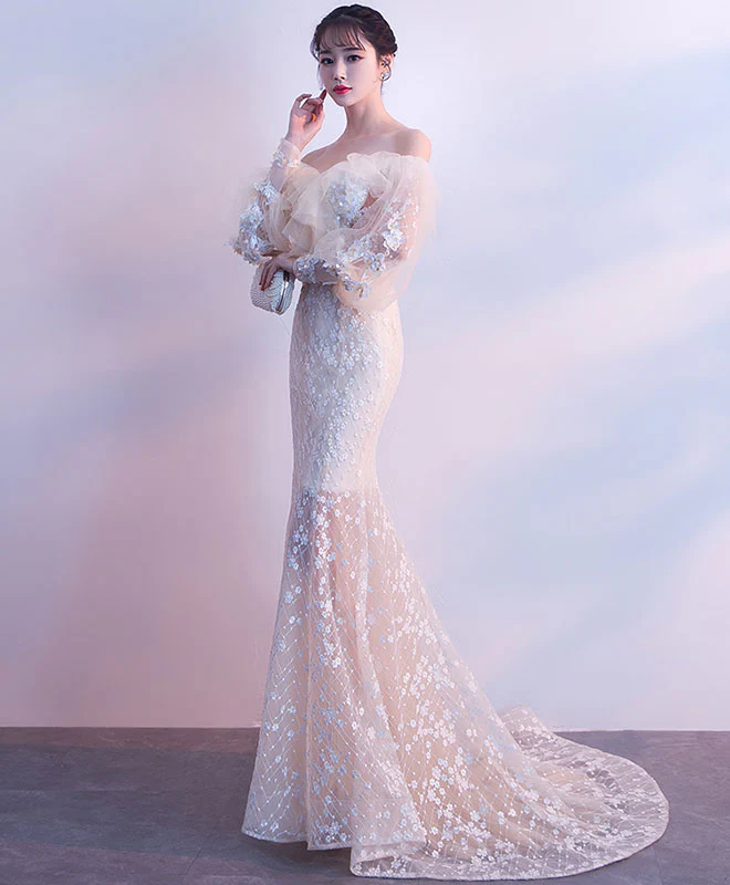 Champagne Tulle Lace Mermaid Long Prom Dress, Tulle Lace Evening Dress - Deanwangkt