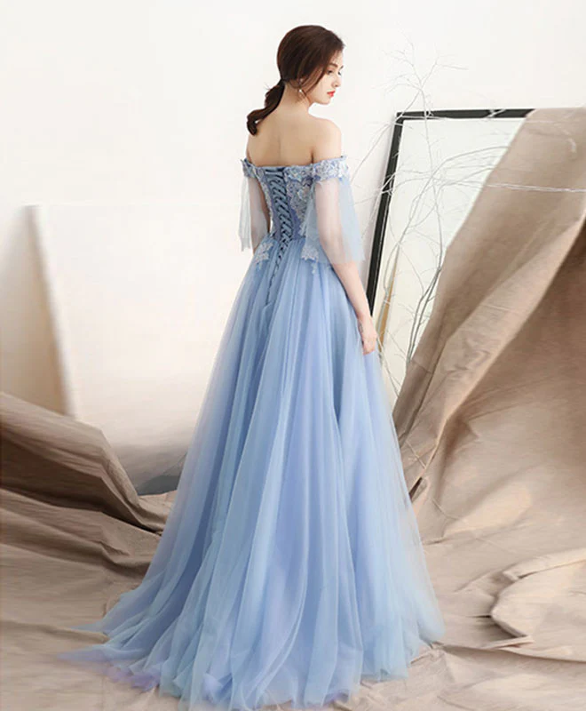 Unique Blue Off Shoulder Tulle Long Prom Dress, Blue Evening Dress - Deanwangkt