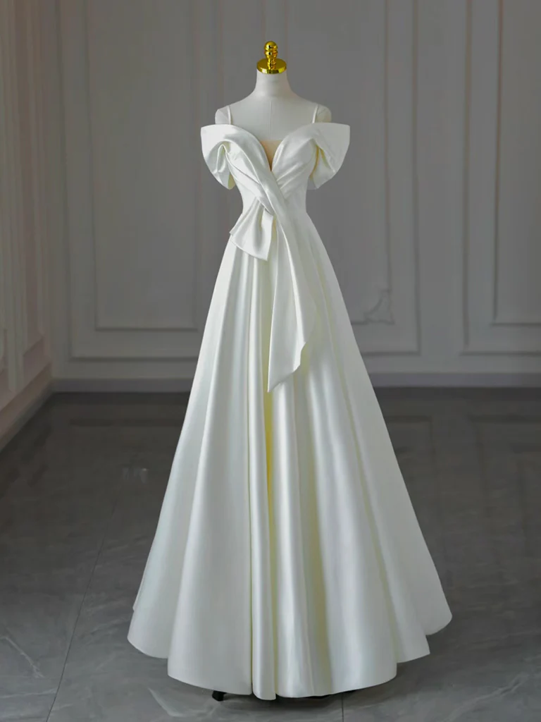 A-Line Off Shoulder Satin  White Long Prom Dress, White Long Formal Dress - Deanwangkt