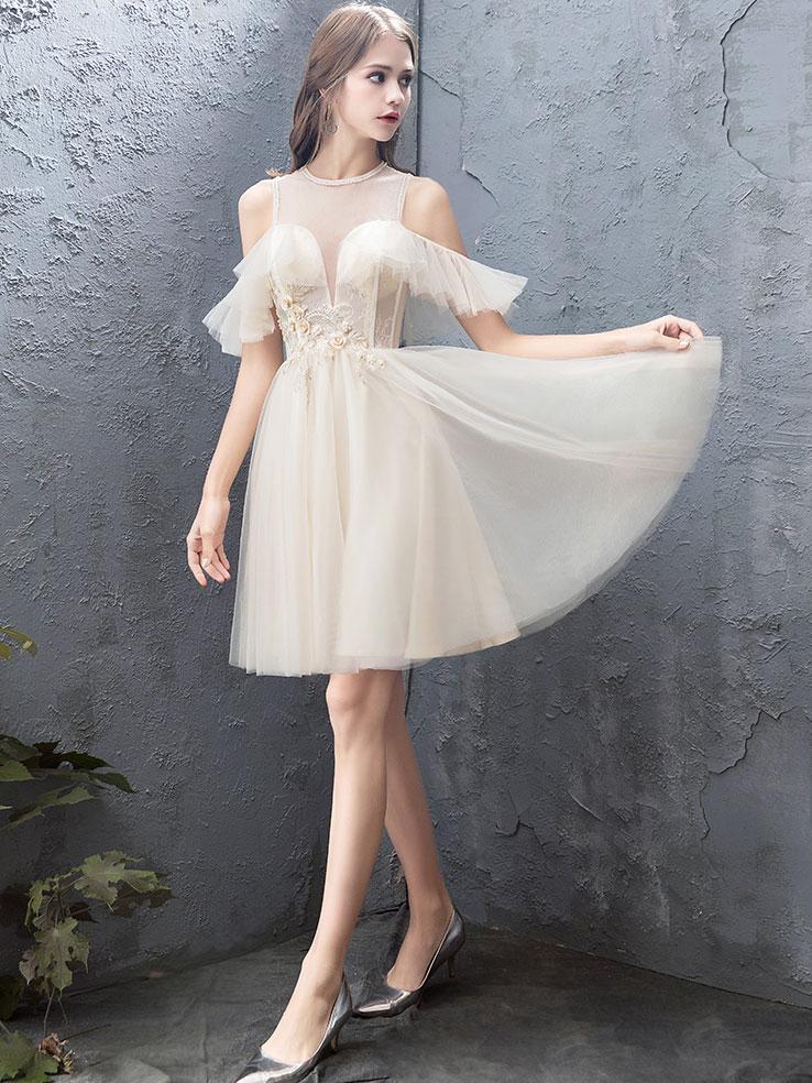 Cute Round Neck Tulle Champagne Short Prom Dress, Homecoming Dress - Deanwangkt