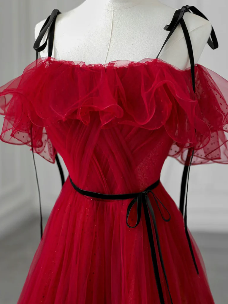A-Line Tulle Burgundy Long Prom Dress, Burgundy Long Formal Dress - Deanwangkt