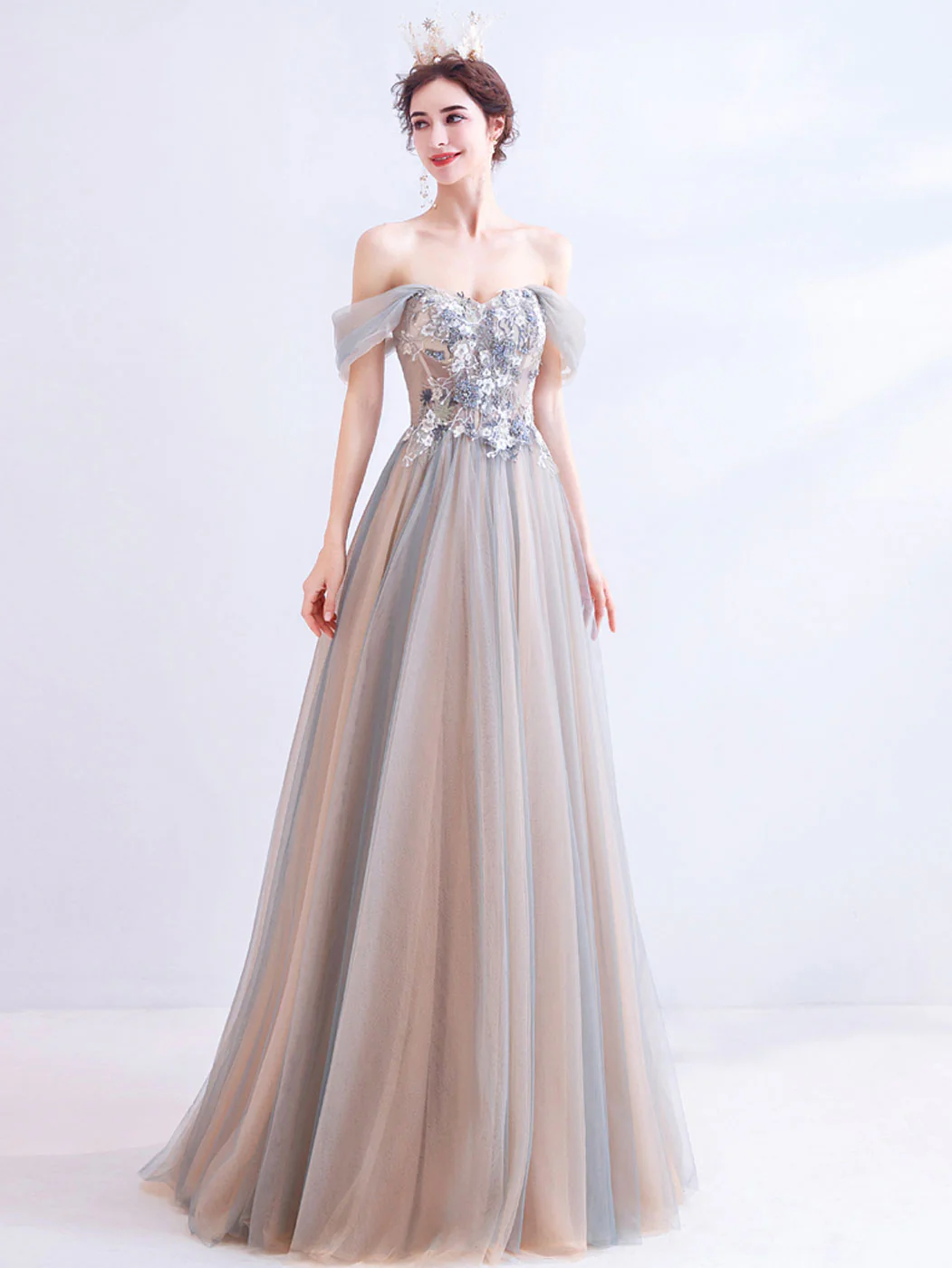 A-Line Off Shoulder Lace Champagne Long Prom Dress, Champagne Formal Dresses - Deanwangkt