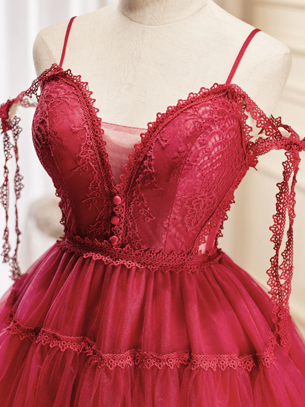 A-Line Burgundy Lace Short Prom Dress, Burgundy Puffy Homecoming Dresses - Deanwangkt