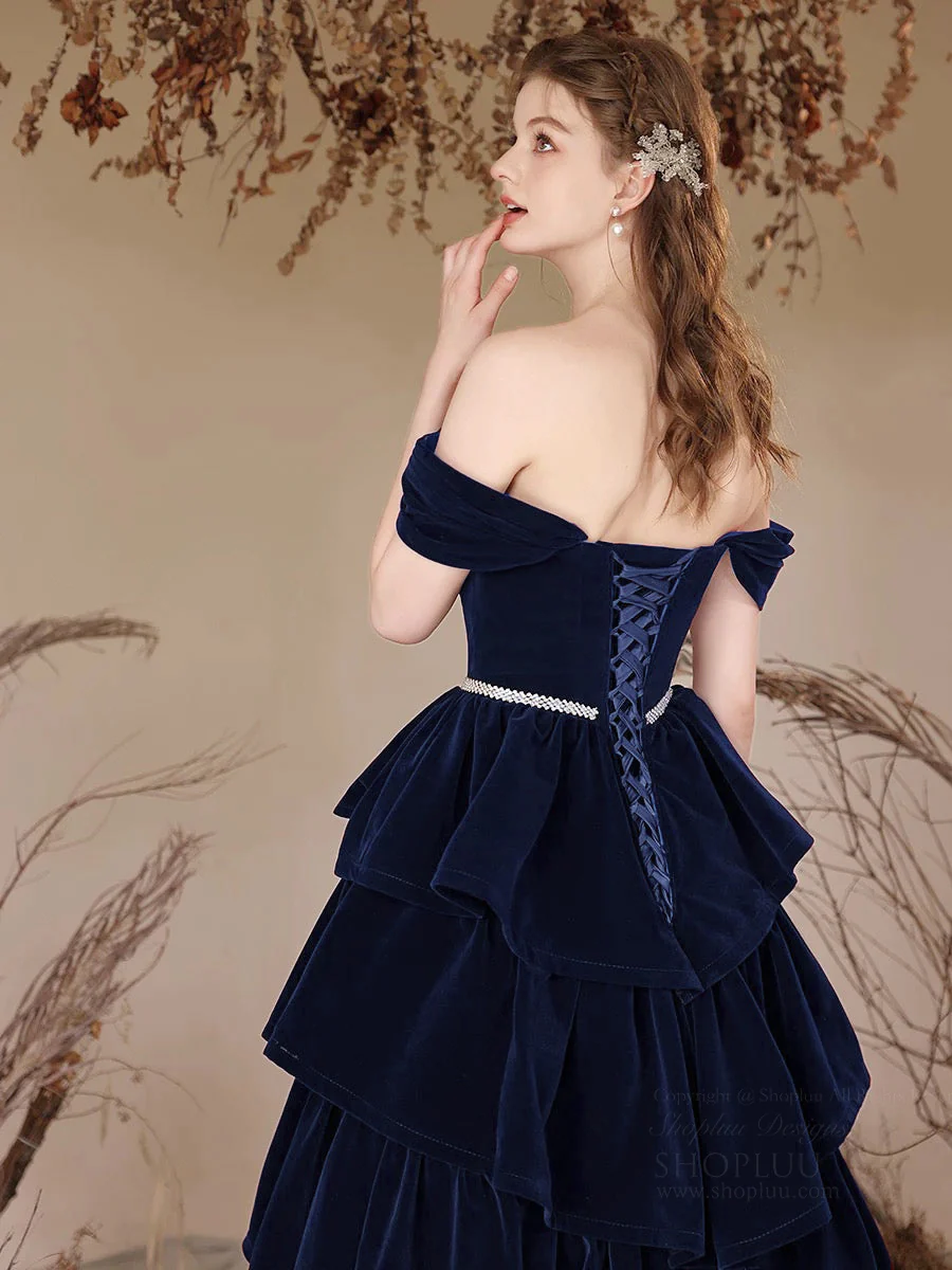 A-Line Off Shoulder Velvet Dark Blue Long Prom Dress, Dark Blue Long Formal Dress - Deanwangkt