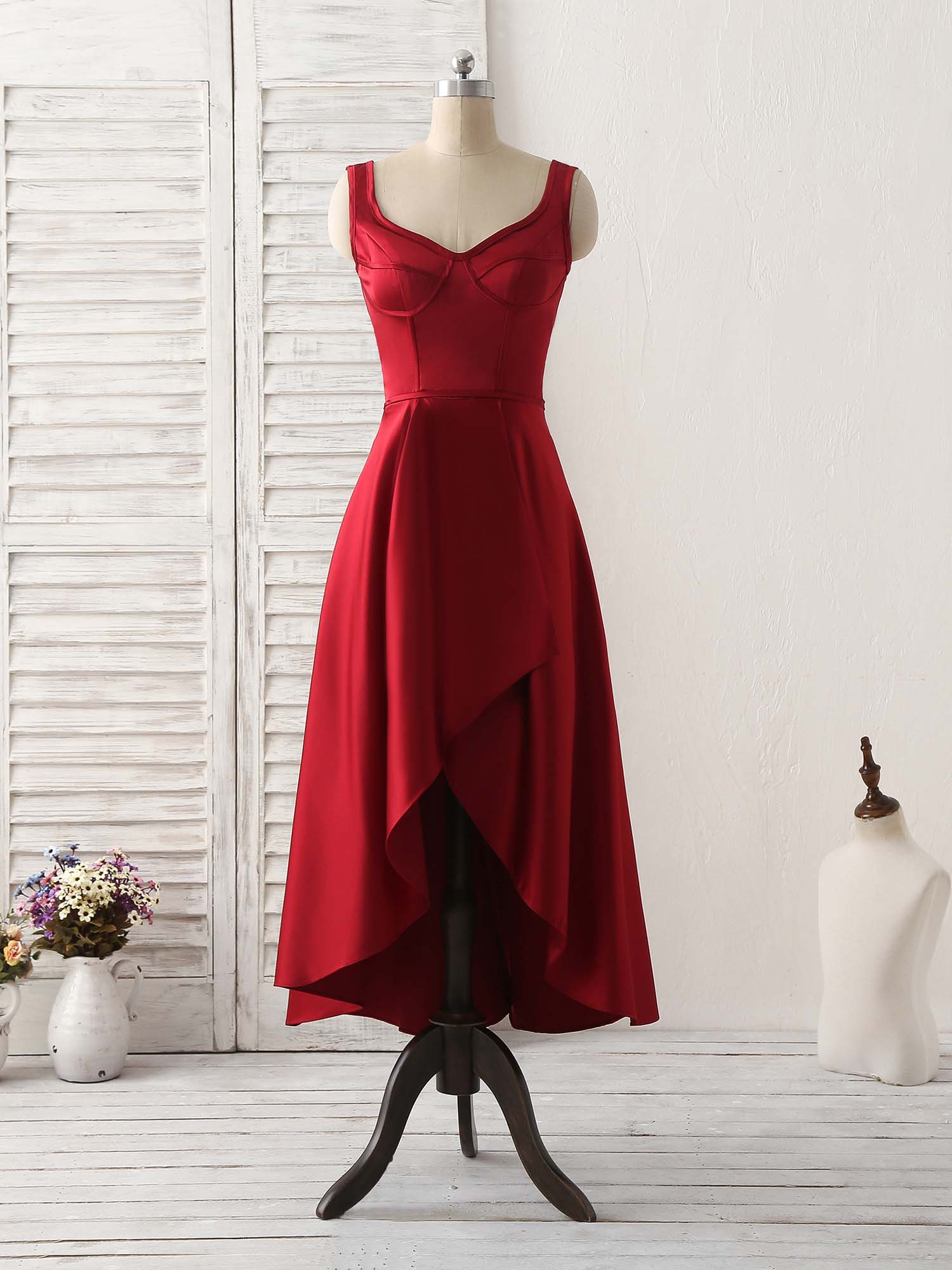 Simple V Neck High Low Prom Dress Burgundy Evening Dress - Deanwangkt
