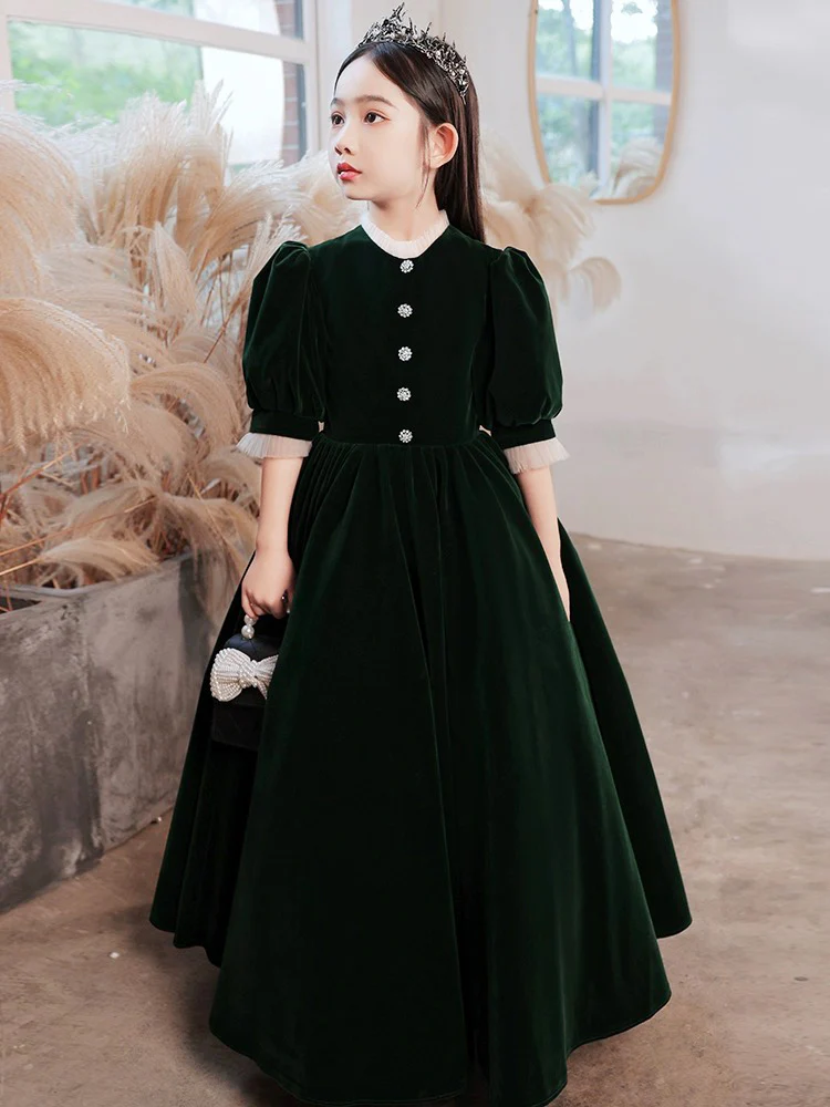 Simple High Neck Velvet Green Long Flower Girl Dress - Deanwangkt