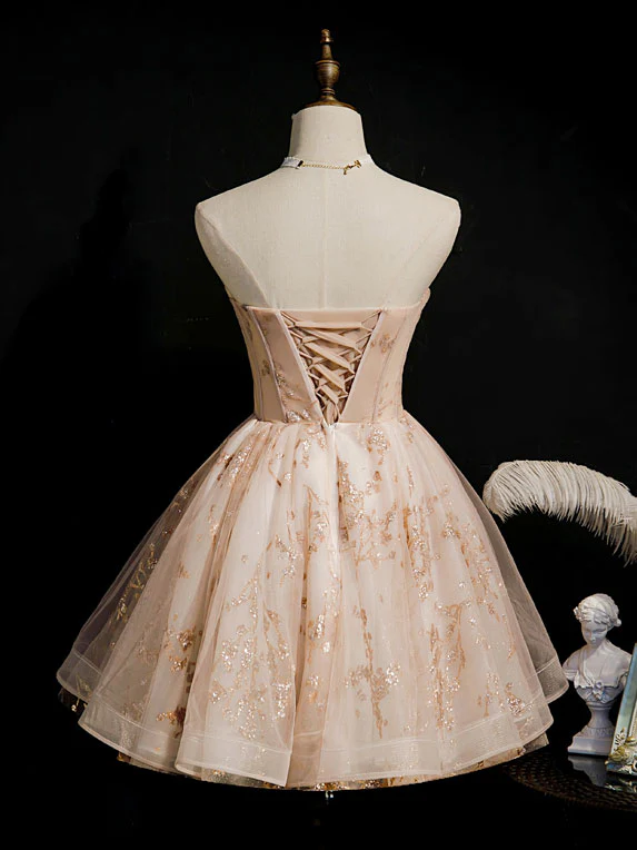 Champagne Tulle Lace Short Prom Dress, Puffy Champagne Homecoming Dress - Deanwangkt