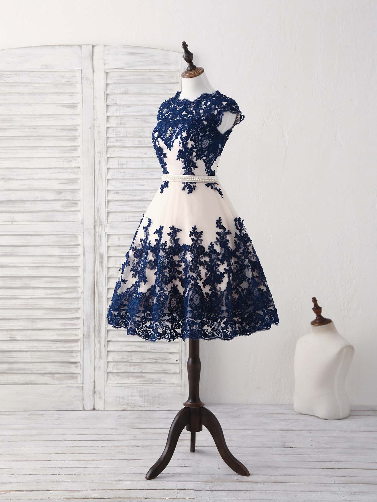 Dark Blue Lace Tulle Short Prom Dress Blue Bridesmaid Dress - Deanwangkt