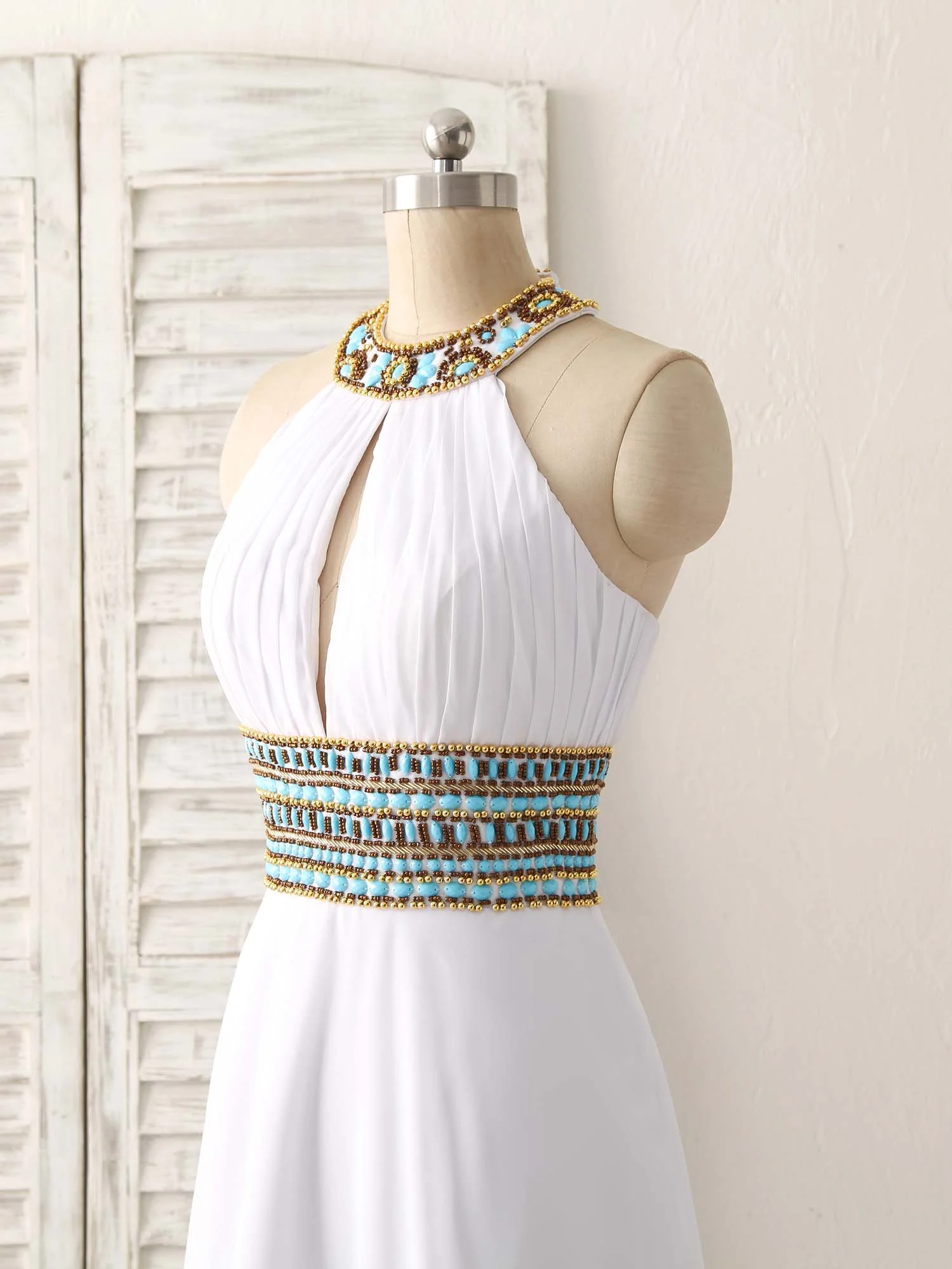 White Chiffon Beads Long Prom Dress, White Evening Dress - Deanwangkt