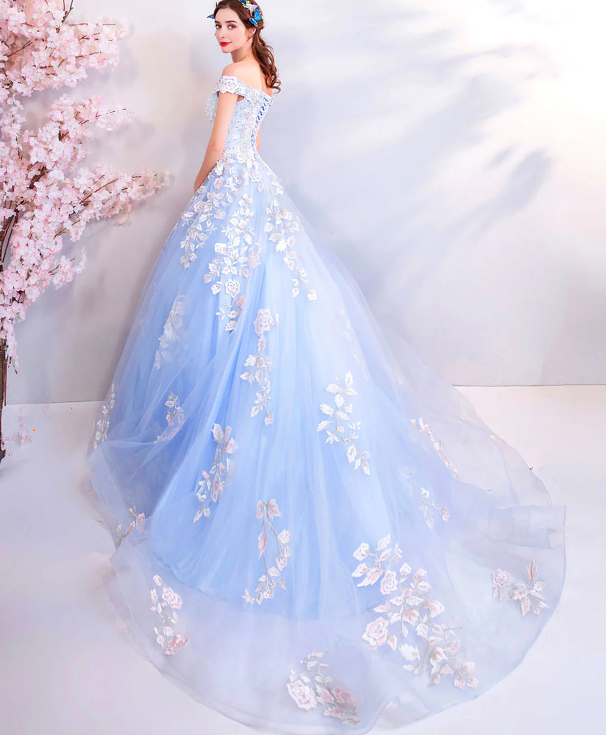 Blue Off Shoulder Tulle Lace Applique Long Prom Dress, Blue Evening Dress - Deanwangkt