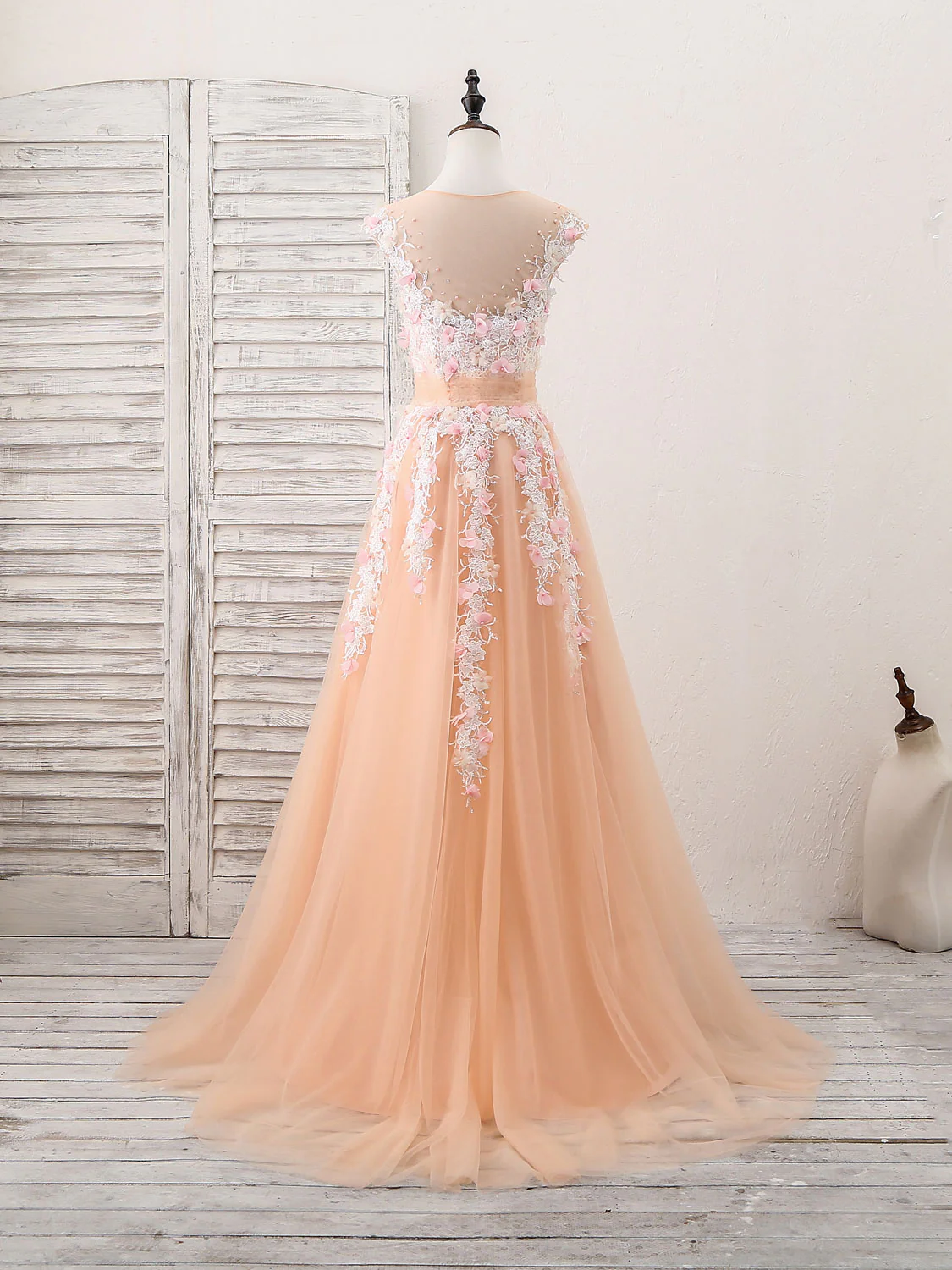 Champagne Tulle Lace Long Prom Dress, Champagne Evening Dress - Deanwangkt