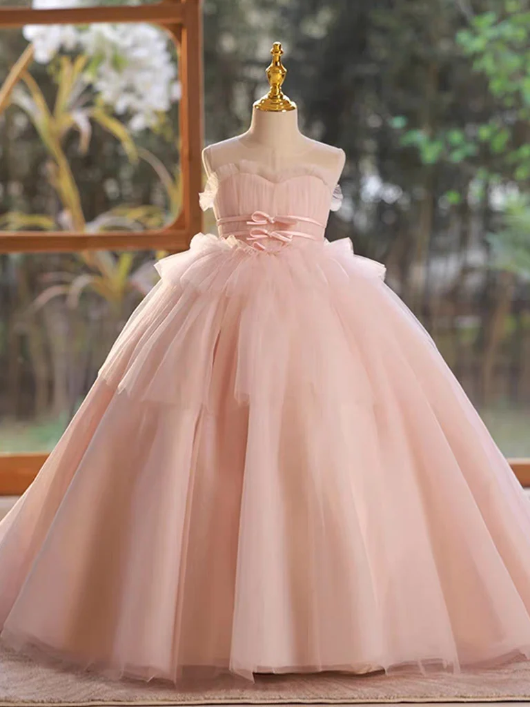 A-Line Pink Tulle Long Flower Girl Dress - Deanwangkt
