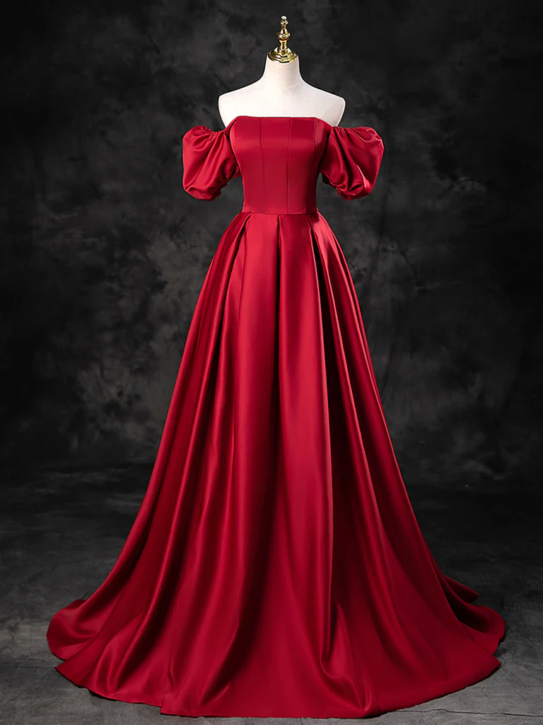 A-Line Burgundy Satin Long Prom Dress, Burgundy Long Evening Dress - Deanwangkt