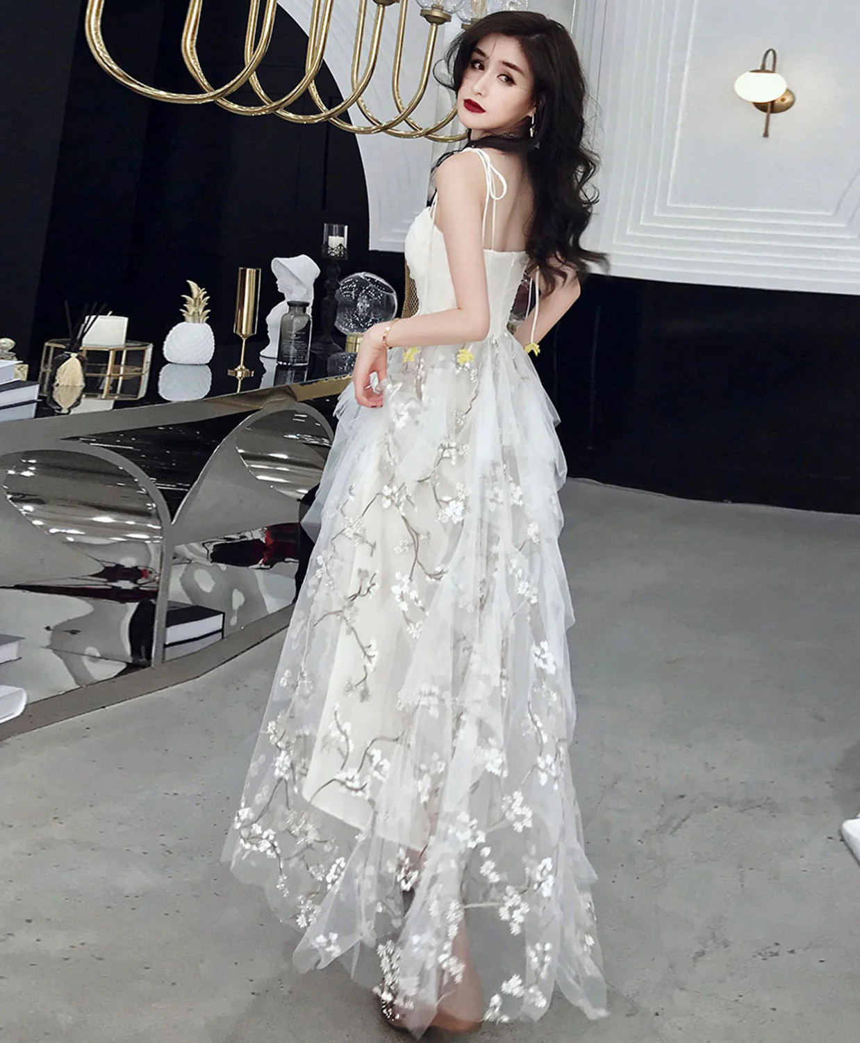 White Tulle Lace Long Prom Dress, White A-Line Lace Graduation Dresses - Deanwangkt