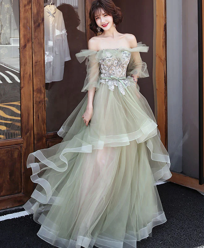 Green Tulle Lace Long Prom Dress, Green Tulle Evening Dress - Deanwangkt