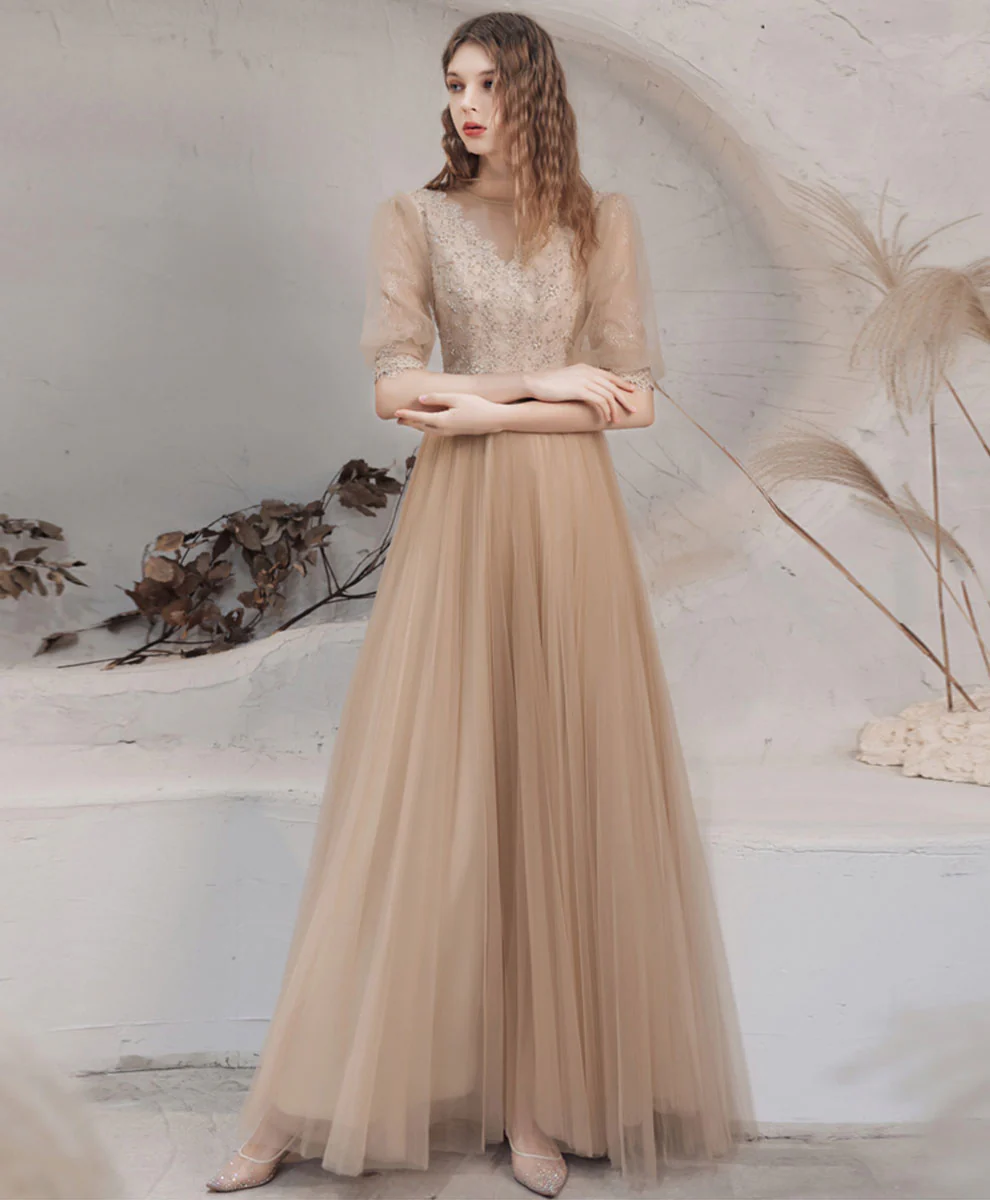 Champagne High Neck Tulle Lace Long Prom Dress, Champagne Graduation Dress - Deanwangkt