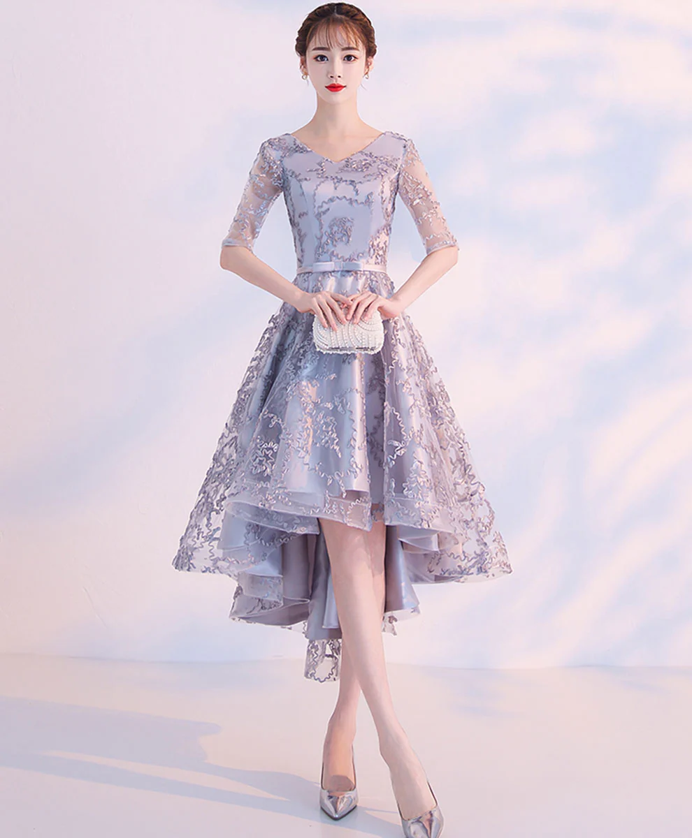 Gray Lace High Low Prom Dress Fray Lace Cocktail Dress, Gray Homecoming Dress - Deanwangkt