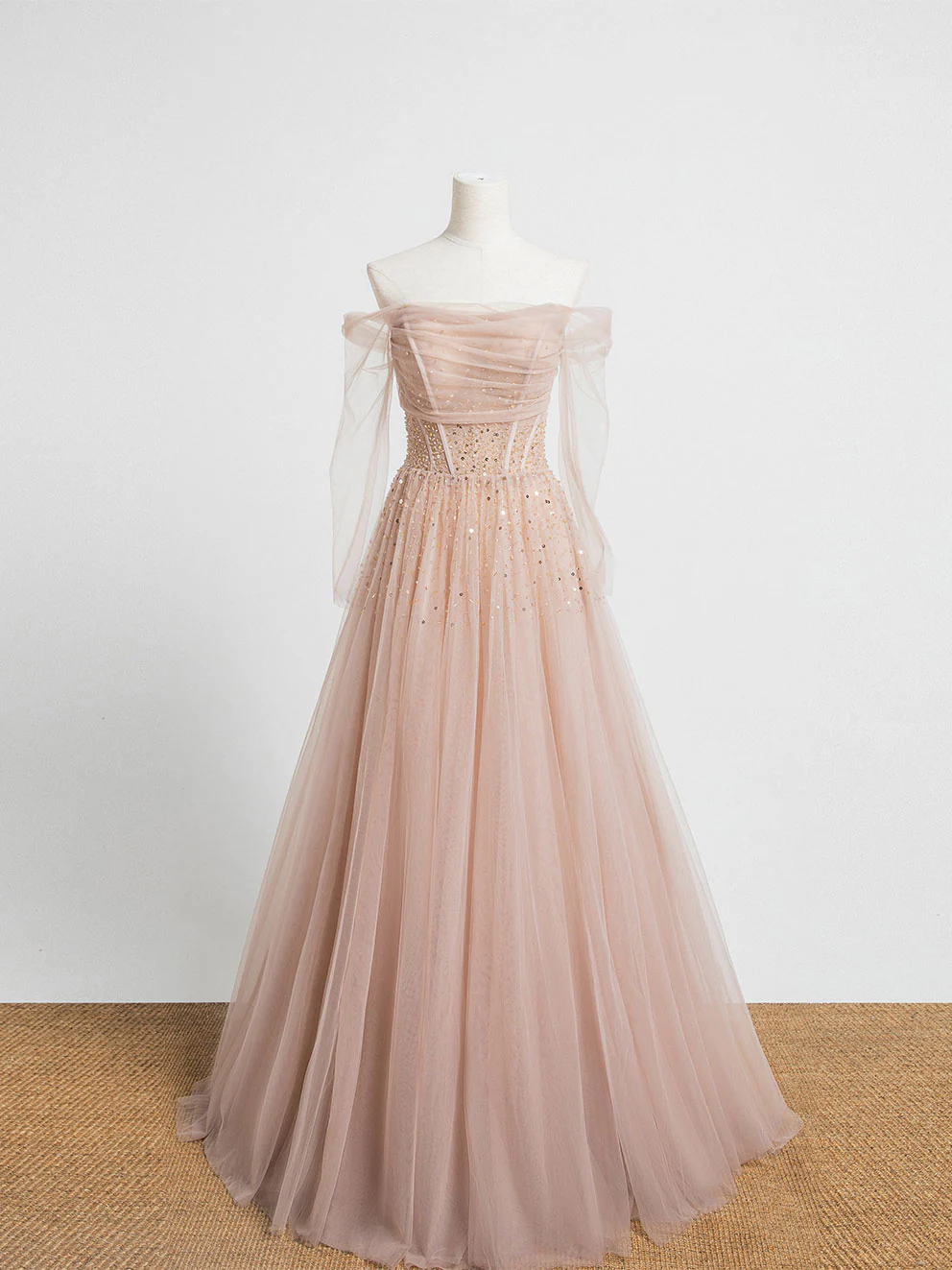 Champagne Pink Tulle Beads Long Prom Dress Champagne Evening Dress - Deanwangkt