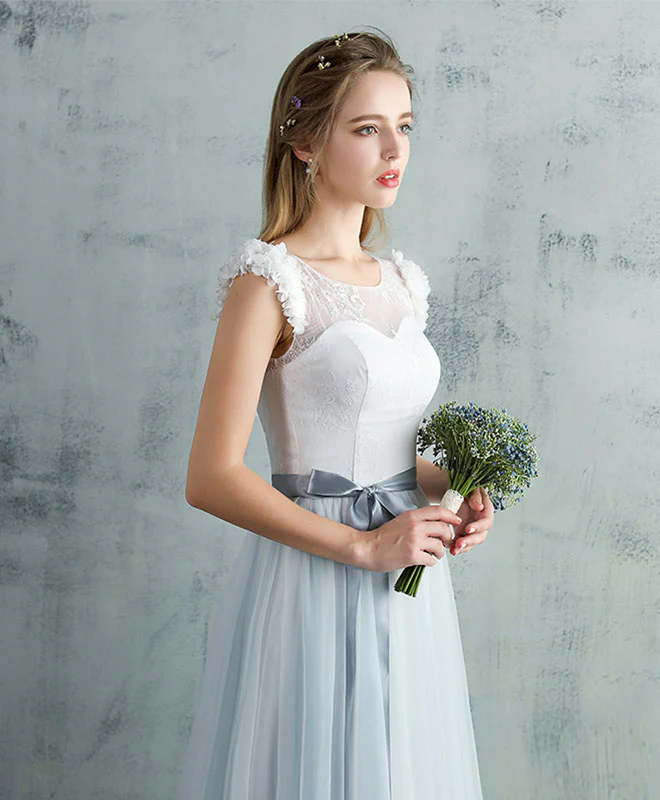 Cute Gray Tulle Lace Long Prom Dress, Gray Evening Dress - Deanwangkt