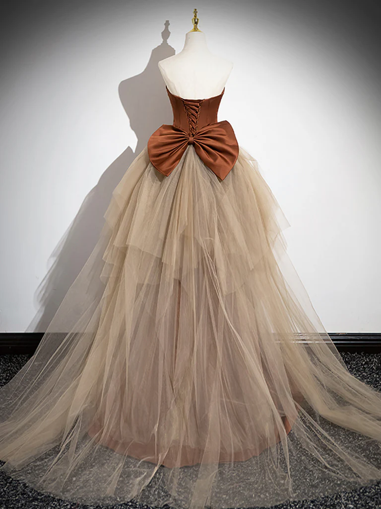 Simple Mermaid Brown/Champagne Satin Tulle Long Prom Dress, Brown Long Evening Dress - Deanwangkt