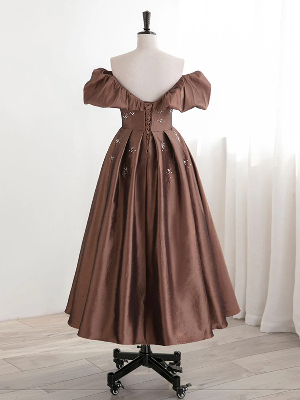 A-Line Tea length Brown Prom dresses, Off Shoulder Brown Formal Dress with Beading - Deanwangkt