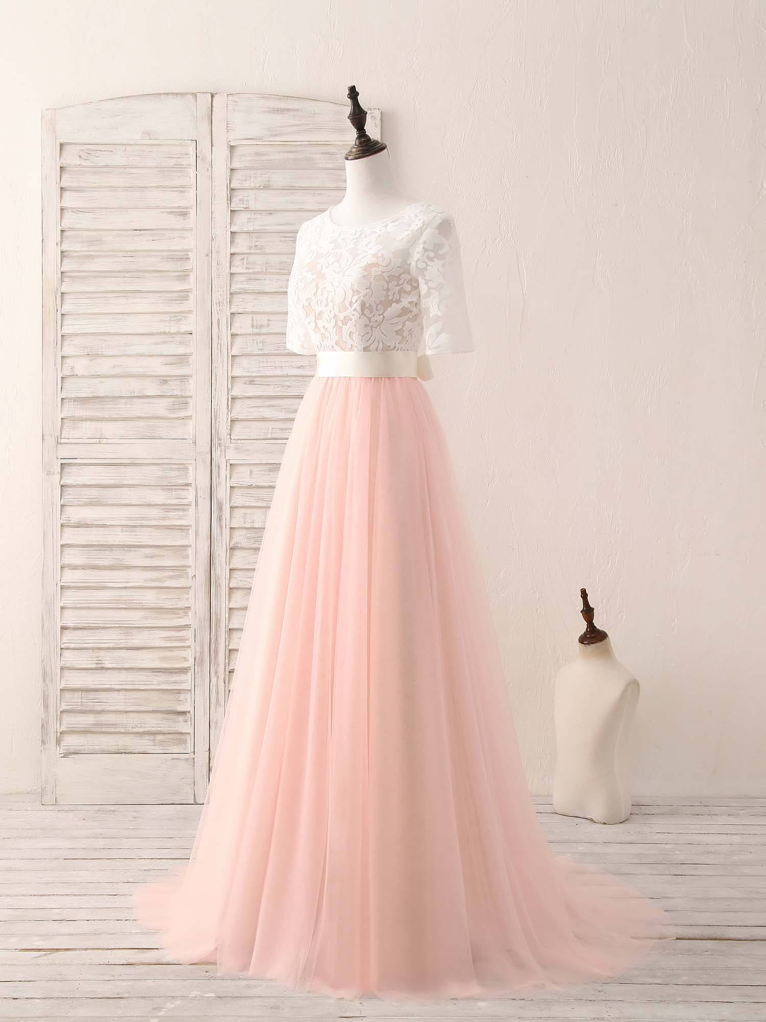 Pink Tulle Lace Long Prom Dress Pink Bridesmaid Dress - Deanwangkt