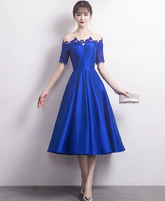 Blue Round Neck Satin Lace Prom Dress, Blue Bridesmaid Dress - Deanwangkt