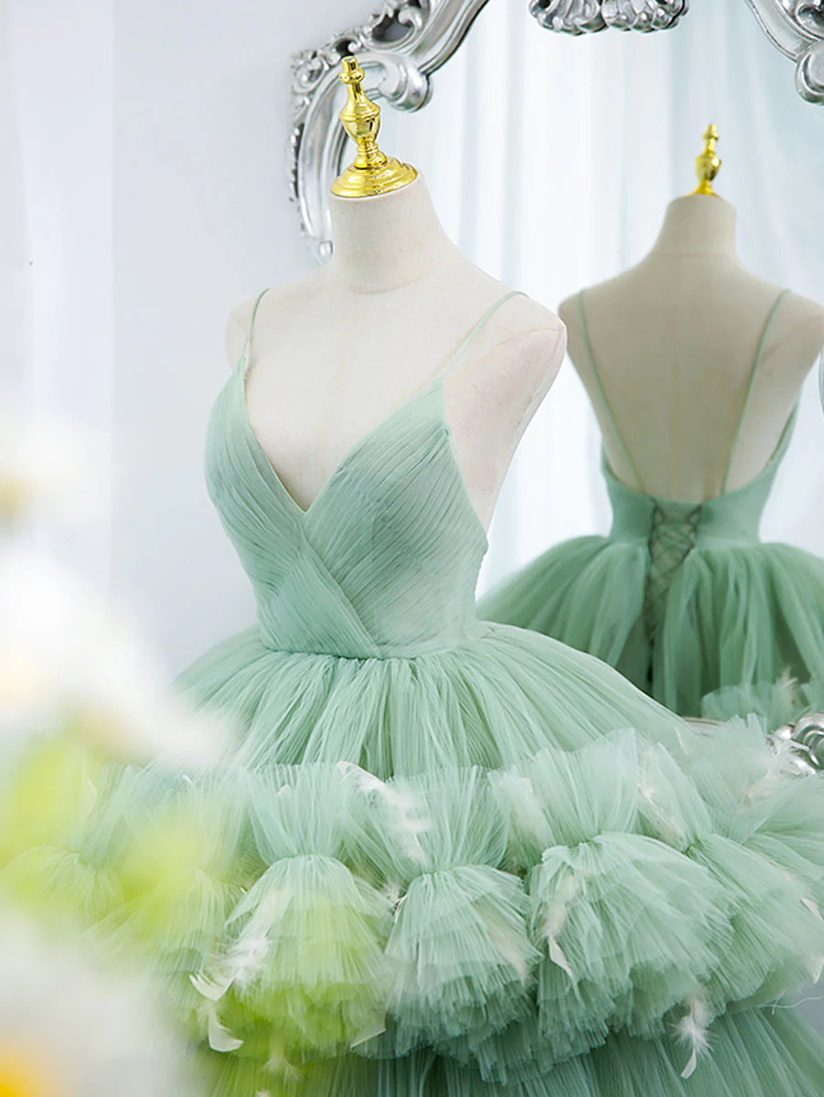 Green V Neck Tulle Long Prom Dresses,  Ball Gown Green Sweet 16 Dresses - Deanwangkt