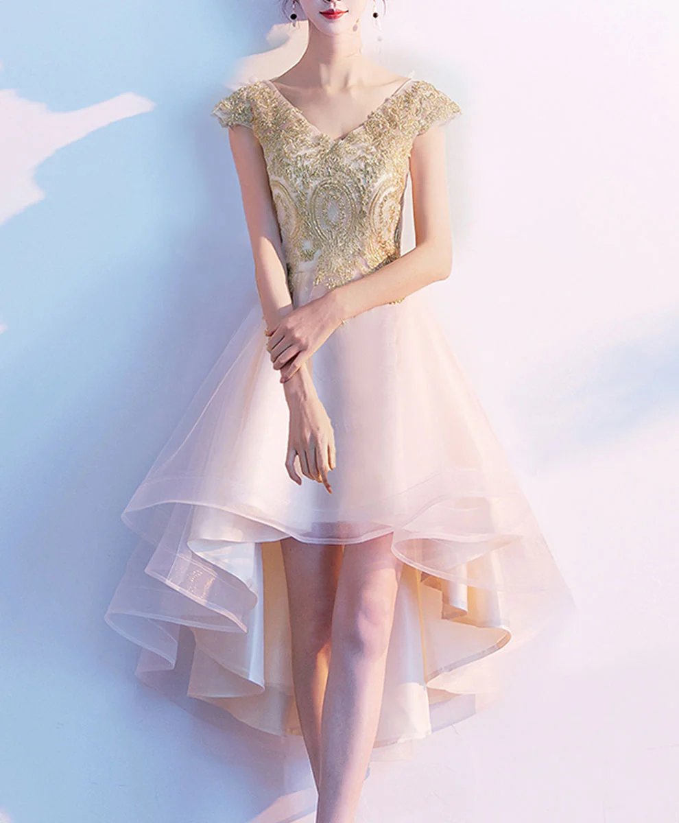 Gold Tulle Lace High Low Prom Dress Lace Homecoming Dress - Deanwangkt