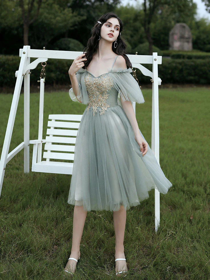 Gray Green Tulle Lace Short Prom Dresses, Gray Tulle Bridesmaid Dress - Deanwangkt
