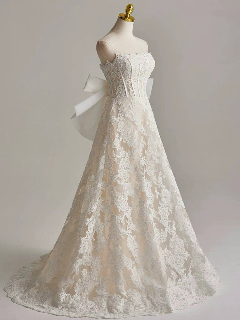 A-Line Tulle Lace Light Champagne Long Wedding Dress with Bow - Deanwangkt